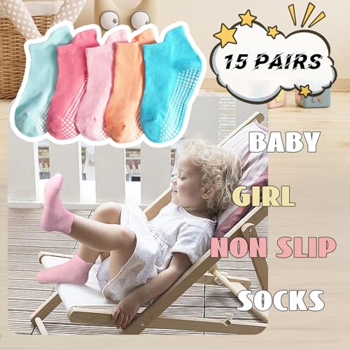 HYCLES 15 Pairs Girl Grip Socks Non Slip Toddler Girls Socks Baby Ankle Sock for 1-3T Kids - Image 3