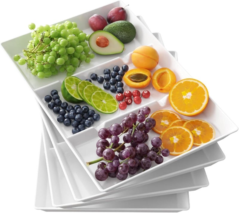 Lifewit Divided Serving Tray, Plastic, 4 Pieces White, Reusable Trays for Food, Tea/Drinks/Snacks Tray for Kitchen, Bar, Restaurant, 15 x 10 Inch - Image 1