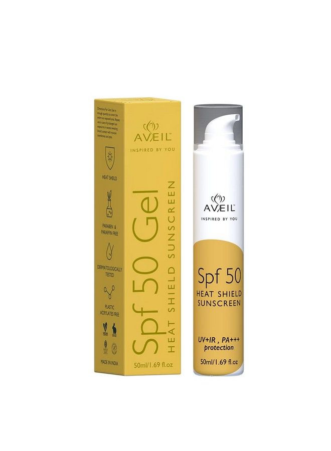 AVEIL Heat Shield Gel Sunscreen Spf 50; Normal Oily Or Acne Prone Skin; Paraben & Paraffin Free; Sun Protector With Uv+Ir & Pa+++; Dermatologically Tested For All Skin Types; 50 Ml - Image 1