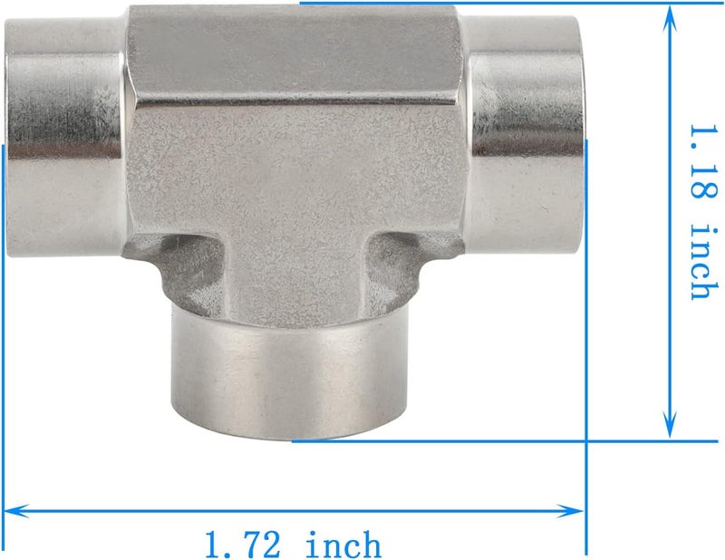 Yoebor 304 Stainless Steel Forged Tee 1/8" NPT Female x 1/8" FNPT x 1/8" NPT Female T-fitting 3 Ways Connector Pipe Fitting 2000psi 1pc - Image 5