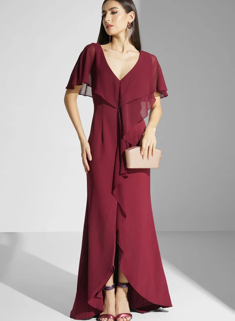 Adrianna Papell Mesh Waterfall Trim Front Slit Dress