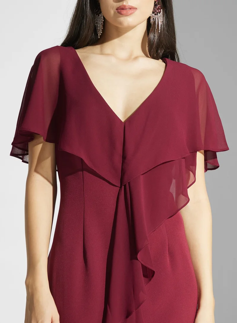 Adrianna Papell Mesh Waterfall Trim Front Slit Dress