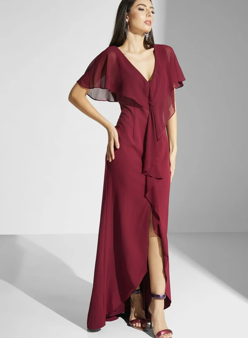 Adrianna Papell Mesh Waterfall Trim Front Slit Dress