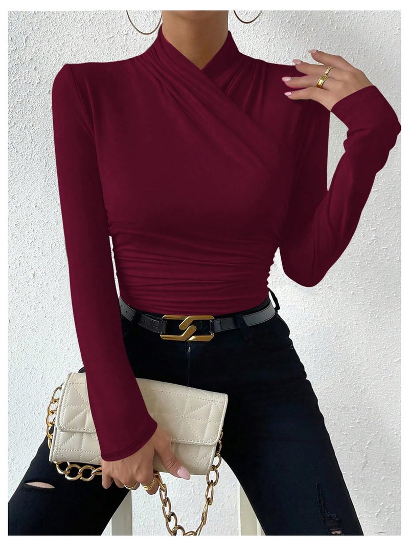 SweatyRocks Women's Ruched Mock Neck Long Sleeve T Shirt Solid Slim Fitted Tee Tops Burgundy Medium - Image 3
