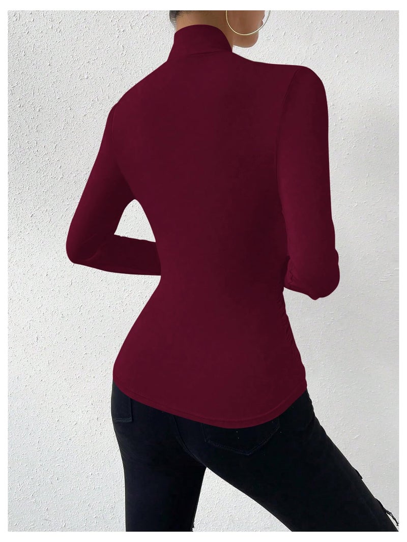 SweatyRocks Women's Ruched Mock Neck Long Sleeve T Shirt Solid Slim Fitted Tee Tops Burgundy Medium - Image 2