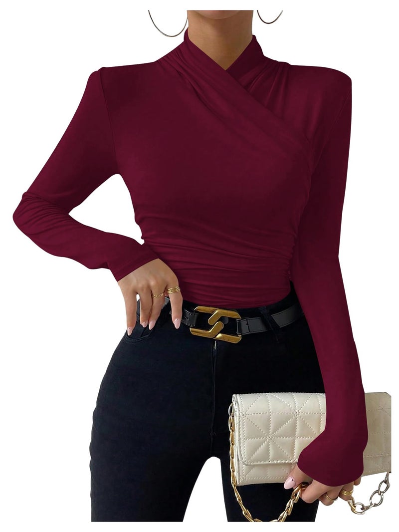 SweatyRocks Women's Ruched Mock Neck Long Sleeve T Shirt Solid Slim Fitted Tee Tops Burgundy Medium - Image 1