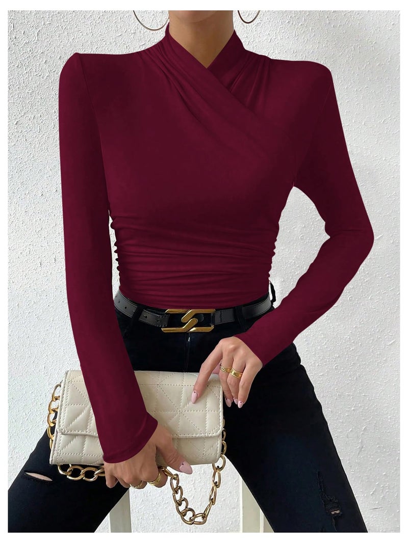 SweatyRocks Women's Ruched Mock Neck Long Sleeve T Shirt Solid Slim Fitted Tee Tops Burgundy Medium - Image 4