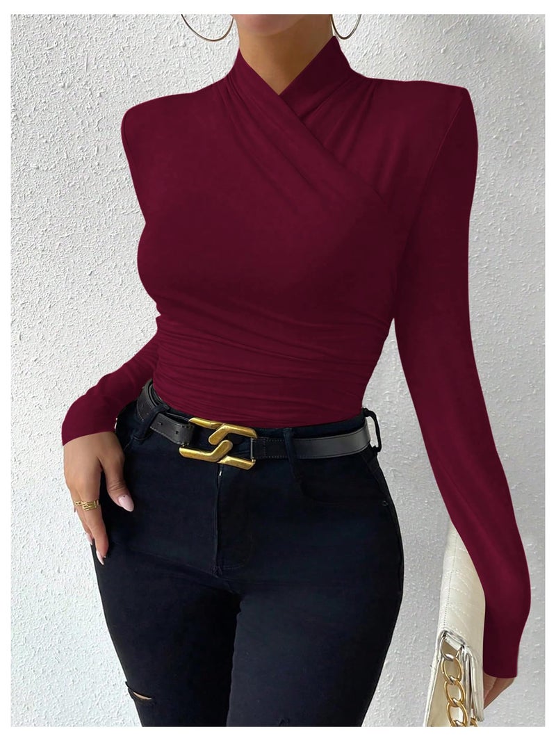 SweatyRocks Women's Ruched Mock Neck Long Sleeve T Shirt Solid Slim Fitted Tee Tops Burgundy Medium - Image 5
