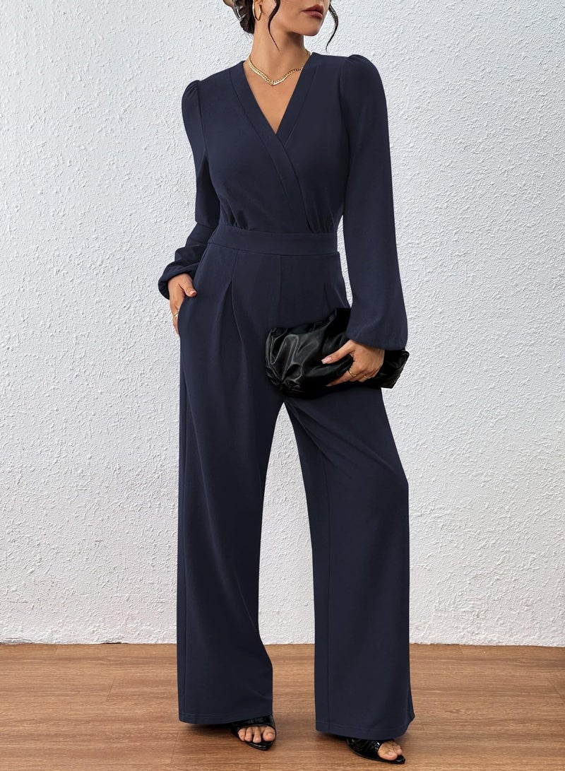 Pink Queen Women Long Sleeve Rompers Dressy V-neck Wide Leg Jumpsuit One Piece Business Casual Outfit Navy Blue M - Image 4