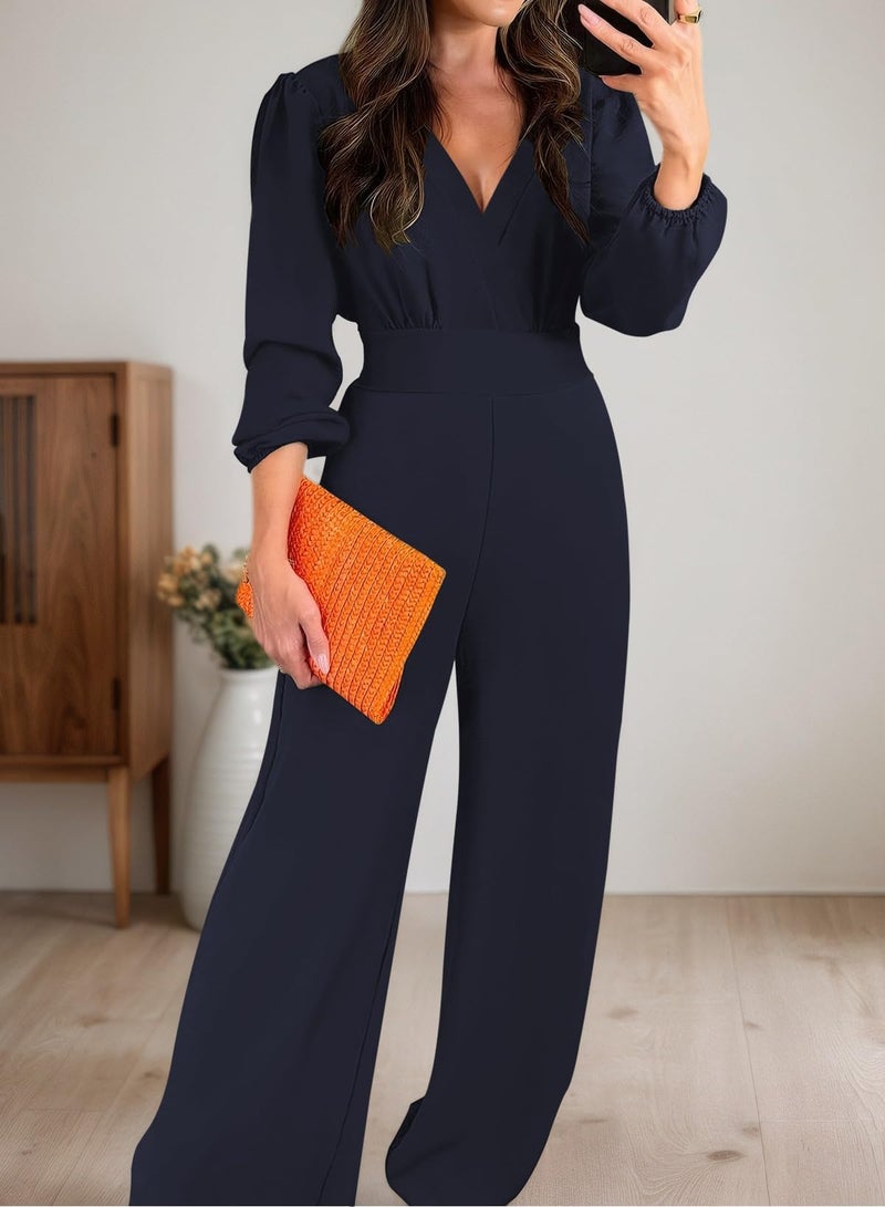 Pink Queen Women Long Sleeve Rompers Dressy V-neck Wide Leg Jumpsuit One Piece Business Casual Outfit Navy Blue M - Image 2