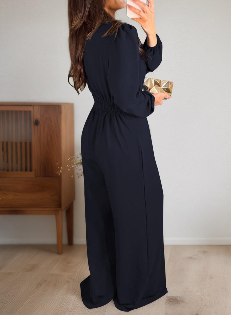 Pink Queen Women Long Sleeve Rompers Dressy V-neck Wide Leg Jumpsuit One Piece Business Casual Outfit Navy Blue M - Image 3