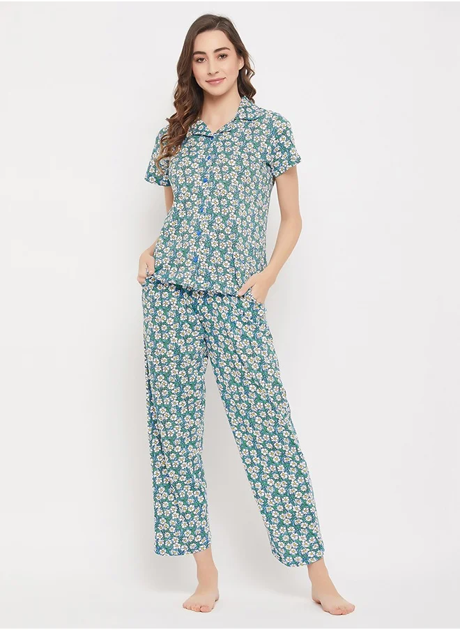 كلوفيا Clovia Pretty Floral Button Down Shirt & Pyjama Set in Light Blue - 100% Cotton