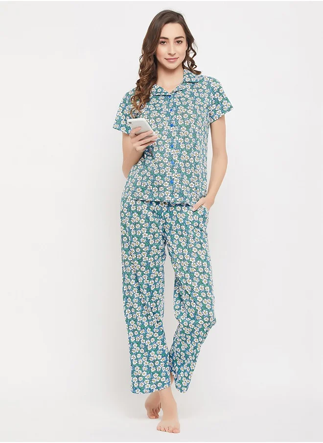 كلوفيا Clovia Pretty Floral Button Down Shirt & Pyjama Set in Light Blue - 100% Cotton