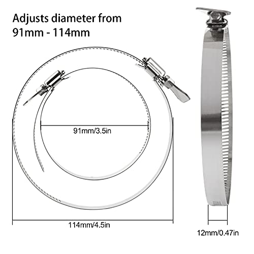 ZOEYES 20 PCS Stainless Steel Duct Clamps, 4 Inch Hose Clamps, Adjustable 91-114mm (3.5 inch to 4.5 inch) Range Air Ducting Clamp, 9mm (0.5 inch) Bandwidth Worm Clamp, Worm Drive, Worm Gear - Image 2
