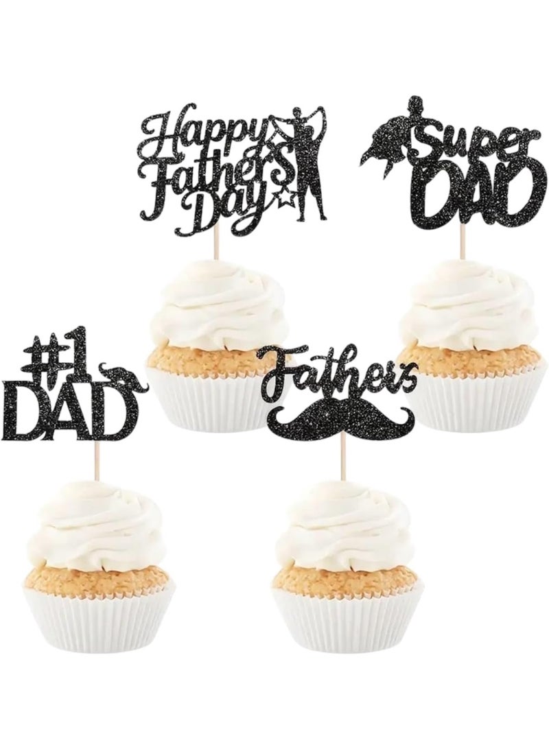 6pcs Happy Father's Day Cupcake Toppers, Black Gold Glitter, Super Dad, Best Dad, Baking Decoration Muffins Sweet Treats Tableware Party Supplies, Gift Idea for Daddy Surprise - Image 1