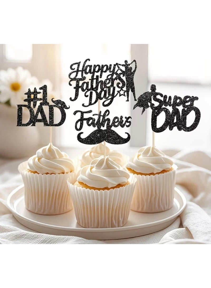6pcs Happy Father's Day Cupcake Toppers, Black Gold Glitter, Super Dad, Best Dad, Baking Decoration Muffins Sweet Treats Tableware Party Supplies, Gift Idea for Daddy Surprise - Image 3
