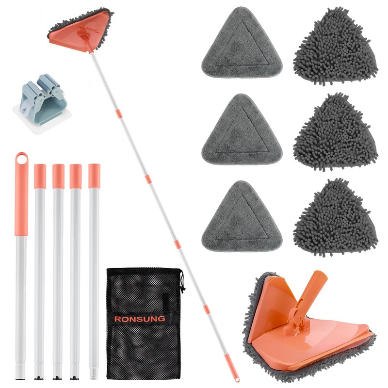 RONSUNG Wall Cleaner Triangle Mop with 82 Long Handle Wall Scrubber Cleaning Washer Tool with 4 Microfiber Chenille Duster Pads for Clean Walls Ceiling Windows Baseboards Floors Orange 6 Pads - Image 2