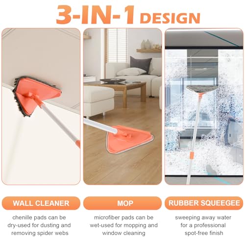 RONSUNG Wall Cleaner Triangle Mop with 82 Long Handle Wall Scrubber Cleaning Washer Tool with 4 Microfiber Chenille Duster Pads for Clean Walls Ceiling Windows Baseboards Floors Orange 6 Pads - Image 3