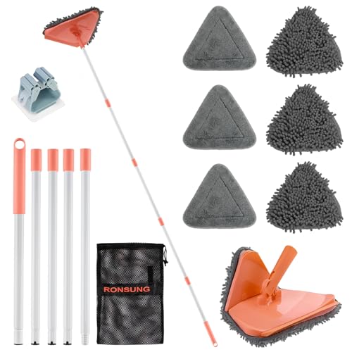 RONSUNG Wall Cleaner Triangle Mop with 82 Long Handle Wall Scrubber Cleaning Washer Tool with 4 Microfiber Chenille Duster Pads for Clean Walls Ceiling Windows Baseboards Floors Orange 6 Pads - Image 1