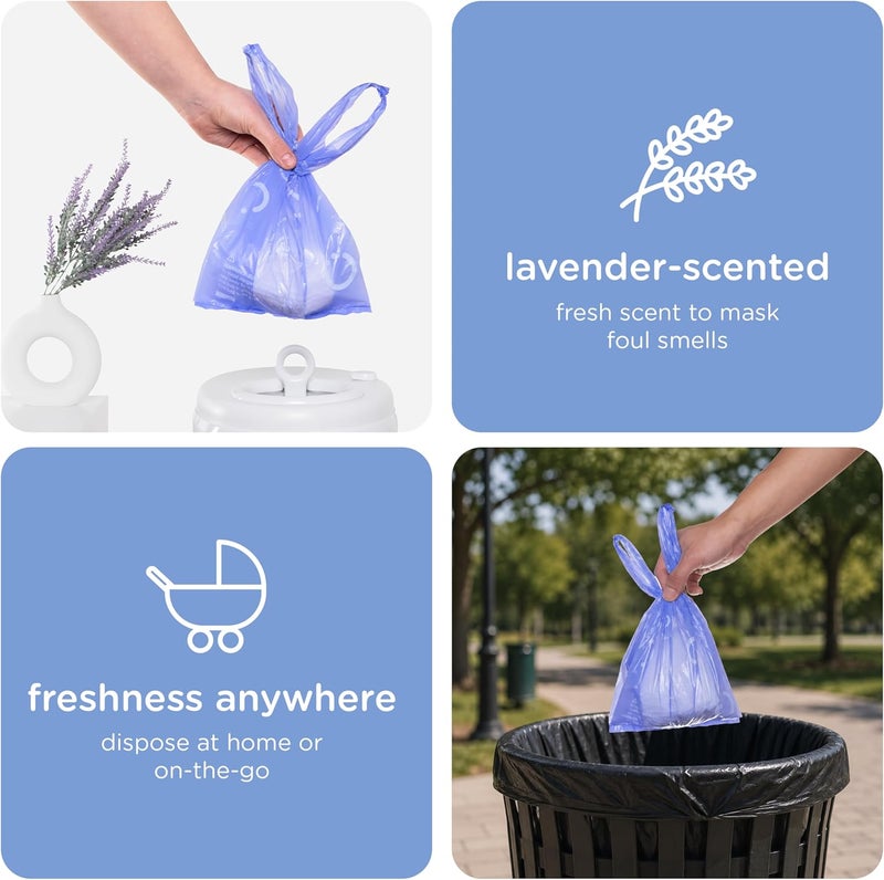 ubbi Disposable Diaper Sacks, Lavender Scented, Easy-To-Tie Tabs, Baby Diaper Disposal or Pet Waste Bags, 200 Count | Easy-To-Tie Tabs, Made from 50% Recycled Material, Disposable On-The-Go Bags, Diaper Bag and Travel Essential - Image 4