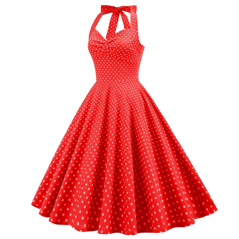 IWEMEK Women Halter Neck 50s Vintage Polka Dot Cocktail Swing Dress Retro Pinup 1950s Audrey Hepburn Rockabilly Prom Dress Lace Up Back Fit and Fared Dress A-Line Wedding Formal Party Dress Retro-Red S - Image 2