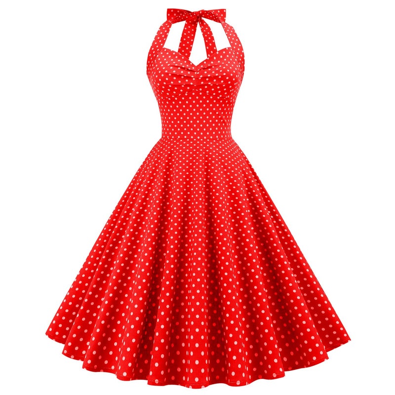 IWEMEK Women Halter Neck 50s Vintage Polka Dot Cocktail Swing Dress Retro Pinup 1950s Audrey Hepburn Rockabilly Prom Dress Lace Up Back Fit and Fared Dress A-Line Wedding Formal Party Dress Retro-Red S - Image 1