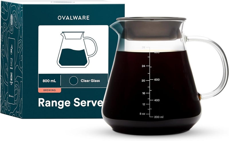ovalware Glass Range Coffee Server For Pour Over Coffee & Tea - 800ml/27oz Microwave Safe & Heatproof 2.5mm Thick Glass Body - Image 1