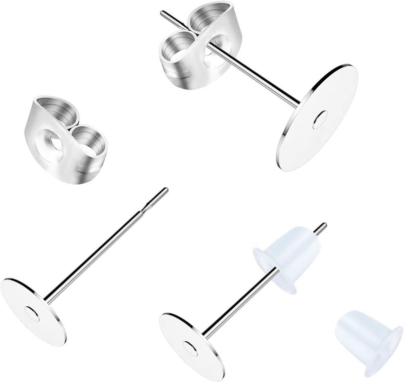 VERACT Earring Posts Stainless Steel, 500Pcs Hypoallergenic Flat Pad Earring Studs (4mm, 6mm) with Butterfly and Rubber Bullet Earring Backs for Jewelry Making Findings - Image 3