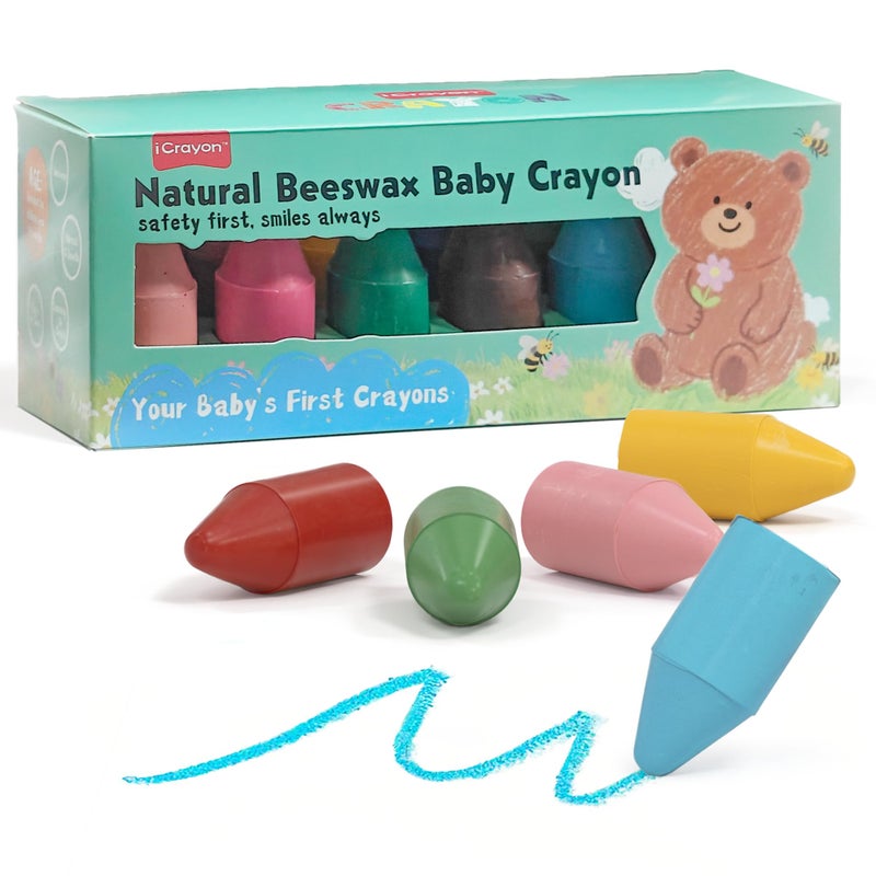 iCrayon Soy & Beeswax Crayons for Toddlers, 12 Colors Non-Toxic Natural Crayons, Chunky Easy-Grip Design for Little Hands, Unbreakable Baby Art Supplies - Image 1