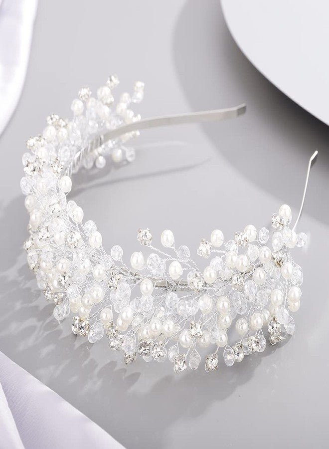 بيريوان تاج زفاف بيريوان للعروس ووصيفات العروس، مرصع باللؤلؤ والكريستال، فضي اللون - Image 5