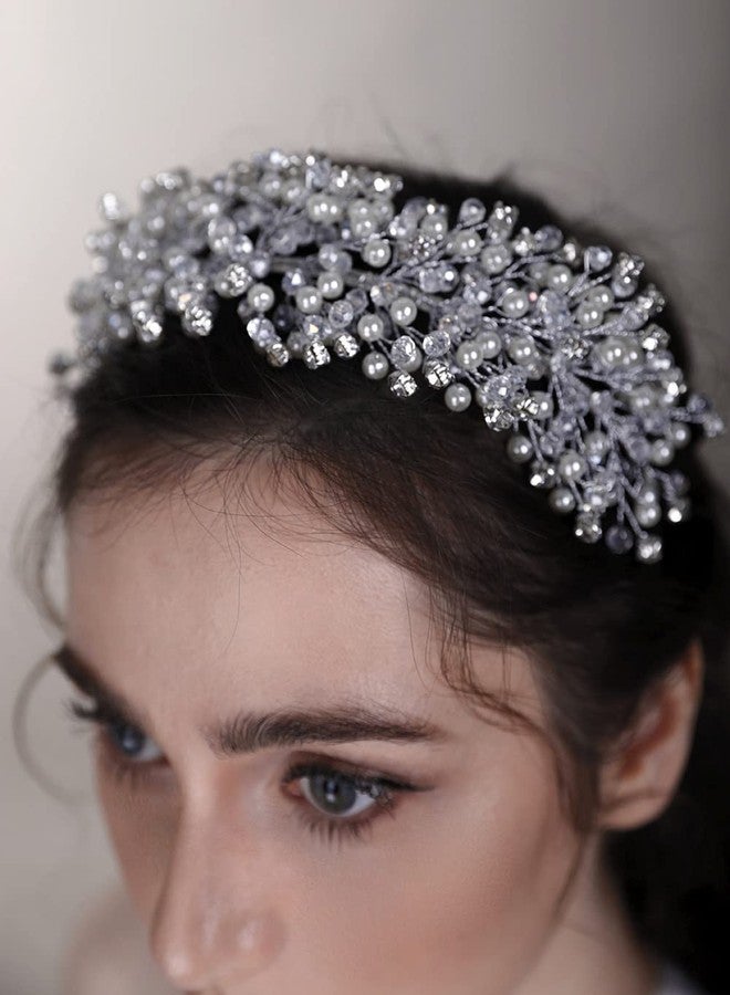 بيريوان تاج زفاف بيريوان للعروس ووصيفات العروس، مرصع باللؤلؤ والكريستال، فضي اللون - Image 3