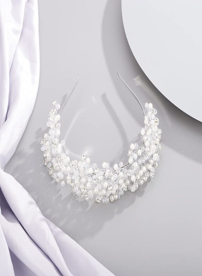 بيريوان تاج زفاف بيريوان للعروس ووصيفات العروس، مرصع باللؤلؤ والكريستال، فضي اللون - Image 4