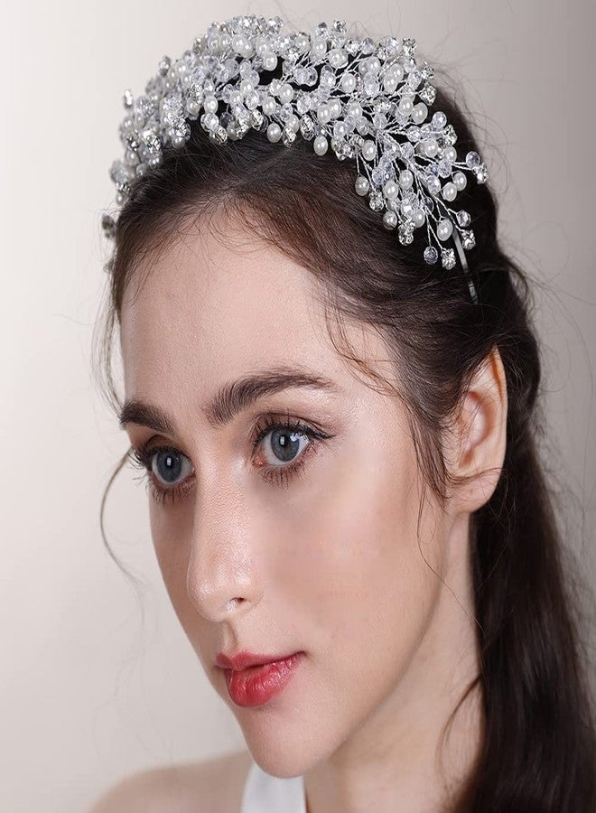 بيريوان تاج زفاف بيريوان للعروس ووصيفات العروس، مرصع باللؤلؤ والكريستال، فضي اللون - Image 2