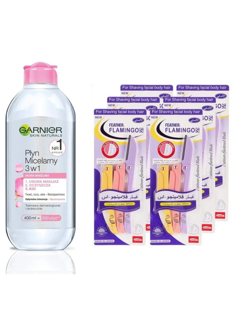 Feather Pack of 6 Multi-Colored Facial Razors + Micellar Makeup Remover Pink 400ml 