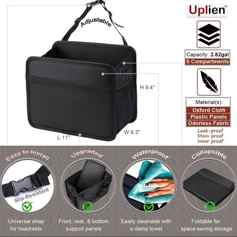 Uplien Car Seat Back Organizer Hanging Bag [2025 UPDATED] Foldable Backseat Storage Caddy with 5 Compartments & Adjustable Straps, Fits for Front/Back Headrest, Ultra-Durable - Black - Image 3