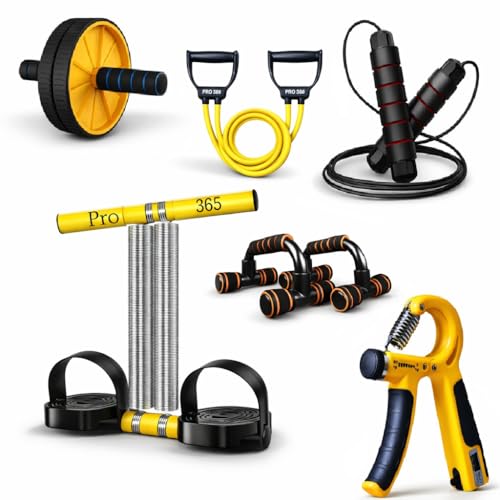 PRO365 6-in-1 Home Fitness Equipment Kit | Ab Roller Wheel, Resistance Band, Jump Rope, Push Up Bars, Hand Gripper & Chest Expander | Full Body Workout Set for Men & Women (Multicolour) - Image 1