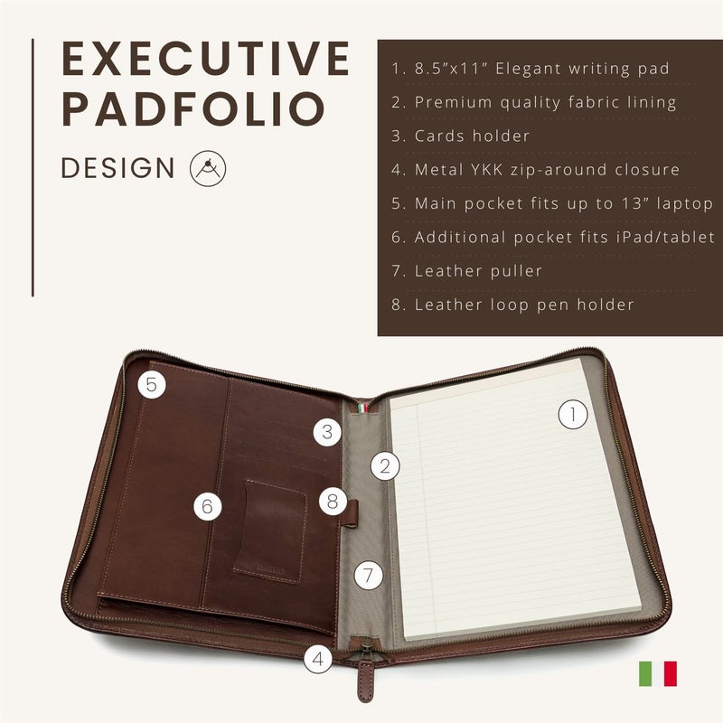 Maruse Premium Maruse Leather Portfolio Padfolio - Executive Folio for Men and Women with Zipper, Folio Document Organizer, Laptop Sleeve, iPad Case and Folder - Made in Italy, Brown - Image 3