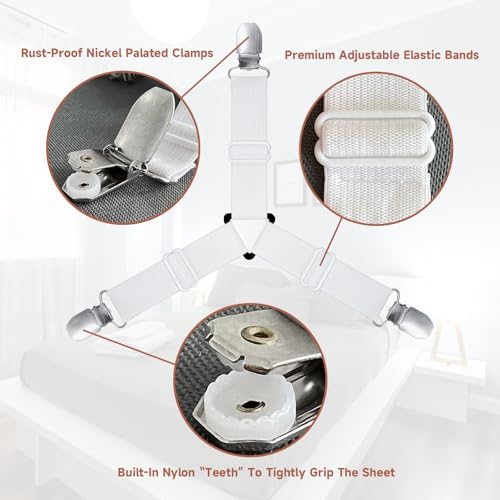 Bozenu Bed Sheet Straps, Upgrade Fitted Bed Sheet Holders for Corners, Non Slip Sheet Clips White 4Pcs - Image 3