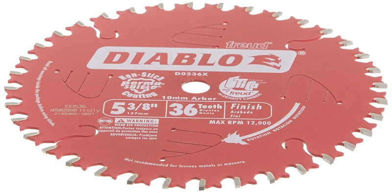 Diablo Finish Trim Saw Blade - Ideal for Portable and Low Powered Saws - 5-3/8" Diameter, 36 ATB Teeth, 10mm Arbor, .049" Kerf, 2� Hook Angle, 12000 Max RPM - D0536X - Image 3