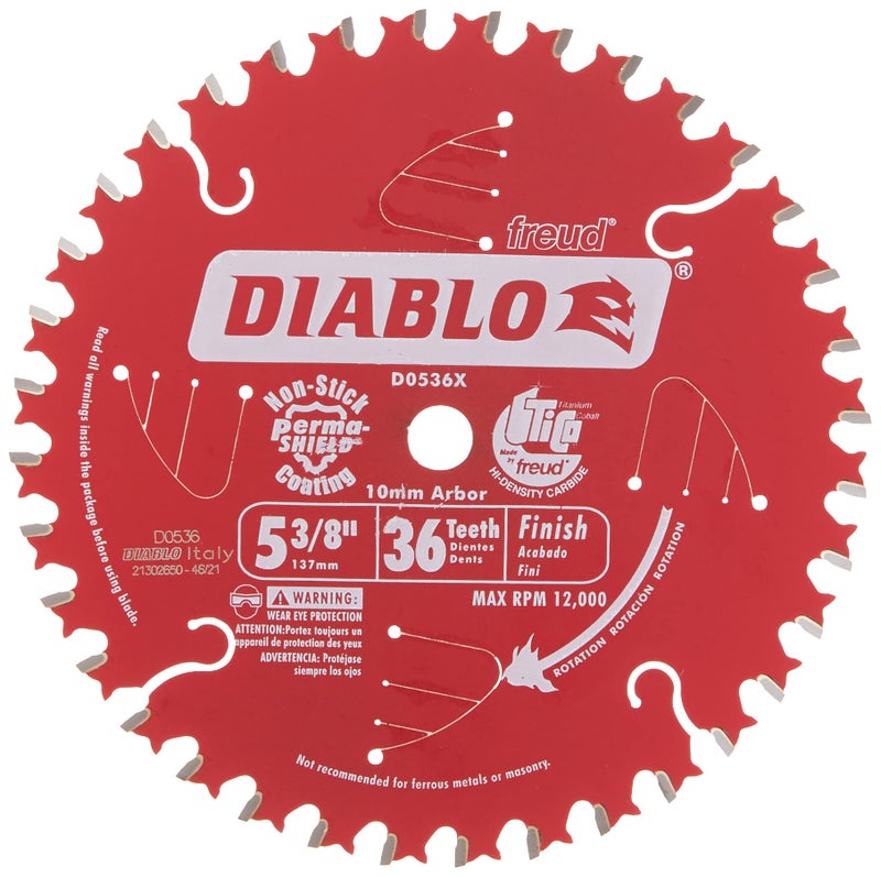 Diablo Finish Trim Saw Blade - Ideal for Portable and Low Powered Saws - 5-3/8" Diameter, 36 ATB Teeth, 10mm Arbor, .049" Kerf, 2� Hook Angle, 12000 Max RPM - D0536X - Image 1