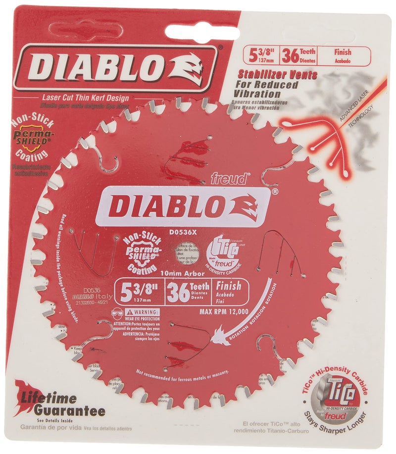 Diablo Finish Trim Saw Blade - Ideal for Portable and Low Powered Saws - 5-3/8" Diameter, 36 ATB Teeth, 10mm Arbor, .049" Kerf, 2� Hook Angle, 12000 Max RPM - D0536X - Image 5