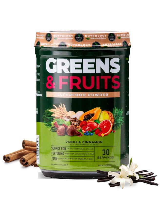 Nutrology Greens & Fruits-Naturally Sourced Fruits, Vegetables, Greens, Beet Powder & Mushroom Blend - Probiotics, Digestive Enzymes, Fiber, Antioxidants, Immune Support - Vanilla Cinnamon-30 Servings - Image 1