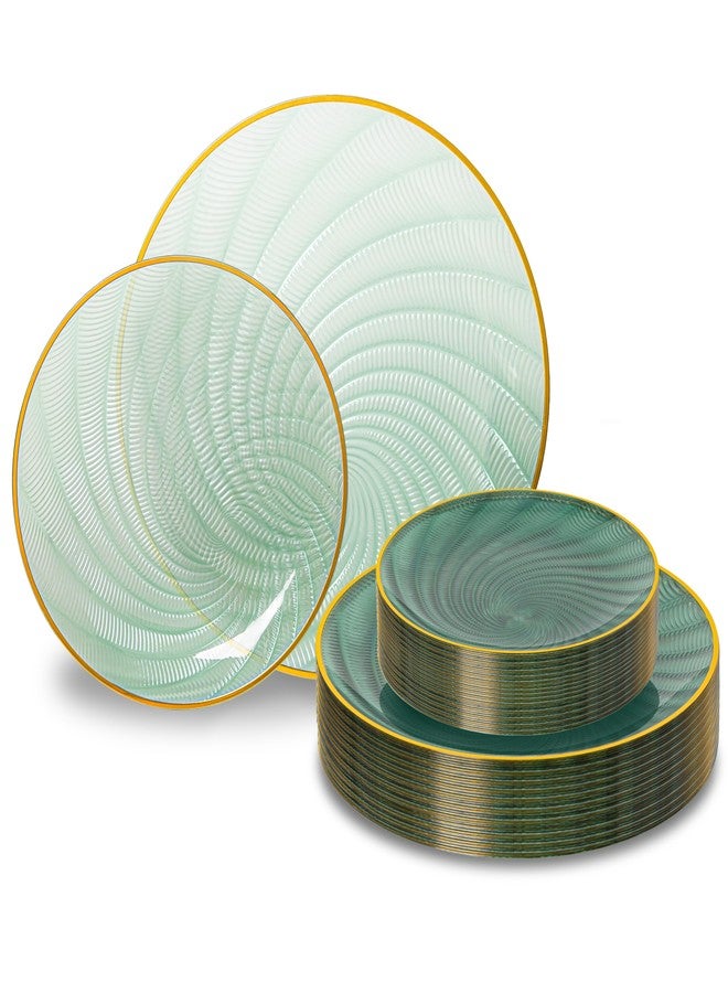 N9R 60PCS Green Plastic Plates for Party, Heavy Duty Disposable Plate with Gold Rim, Elegant Spiral Design 30 Dinner & 30 Dessert Plates for Wedding, Birthday(Translucent Green) - Image 1