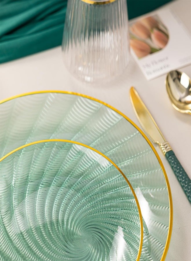 N9R 60PCS Green Plastic Plates for Party, Heavy Duty Disposable Plate with Gold Rim, Elegant Spiral Design 30 Dinner & 30 Dessert Plates for Wedding, Birthday(Translucent Green) - Image 5