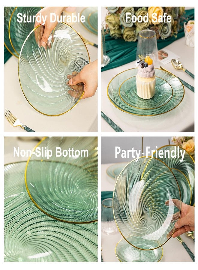 N9R 60PCS Green Plastic Plates for Party, Heavy Duty Disposable Plate with Gold Rim, Elegant Spiral Design 30 Dinner & 30 Dessert Plates for Wedding, Birthday(Translucent Green) - Image 4