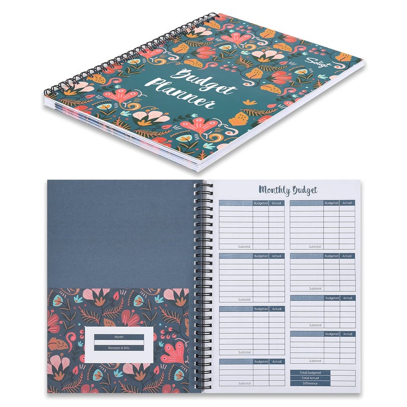 Soligt Budget Planner 2025-2026, Monthly Budget Book Bill Organizer with 12 Pockets, Undated Home Financial Money Expense Saving Debt Tracker Notebook, 1 Year, Blue Floral, Spiral Design - Image 1