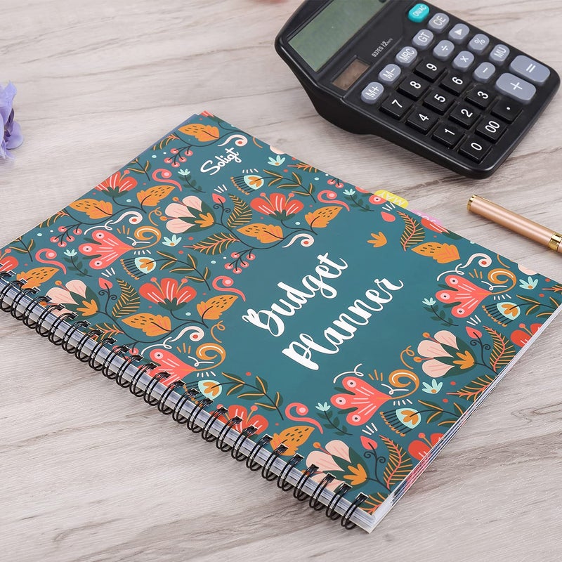 Soligt Budget Planner 2025-2026, Monthly Budget Book Bill Organizer with 12 Pockets, Undated Home Financial Money Expense Saving Debt Tracker Notebook, 1 Year, Blue Floral, Spiral Design - Image 3
