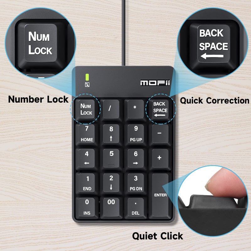 MOFII Wired Number Pad Numeric Keypad Silent 19 Keys USB Numpad, Portable Financial Accounting Keyboard 10 Key for Laptop/Computer/PC/Notebook/Surface Pro - Black - Image 5
