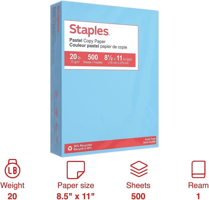 Staples 30% Recycled, 8.5 x 11 Inch, 20 lbs, 500-Sheets Pack, Blue - Image 2