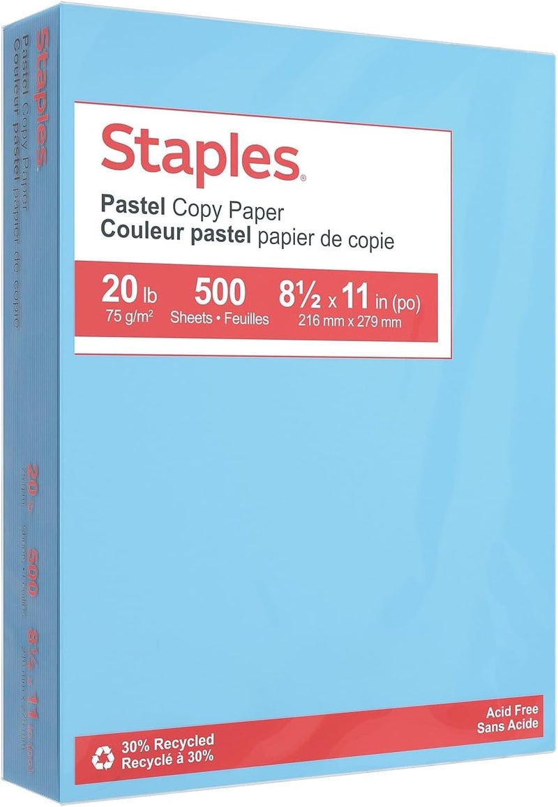 Staples 30% Recycled, 8.5 x 11 Inch, 20 lbs, 500-Sheets Pack, Blue - Image 1